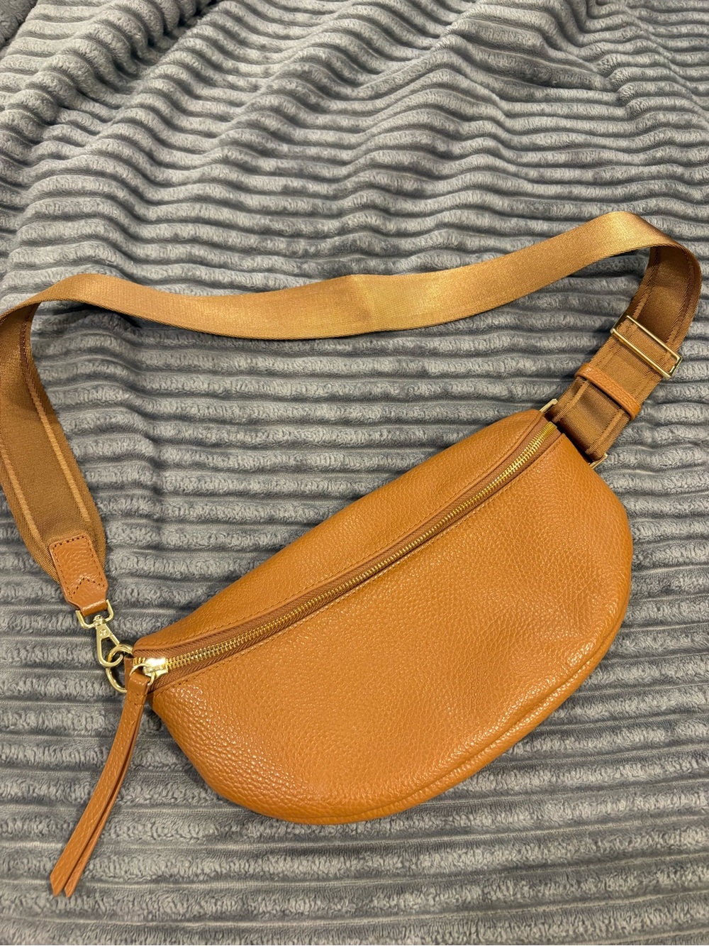Quince Cognac Leather Crossbody Belt Bag with Gold Hardware